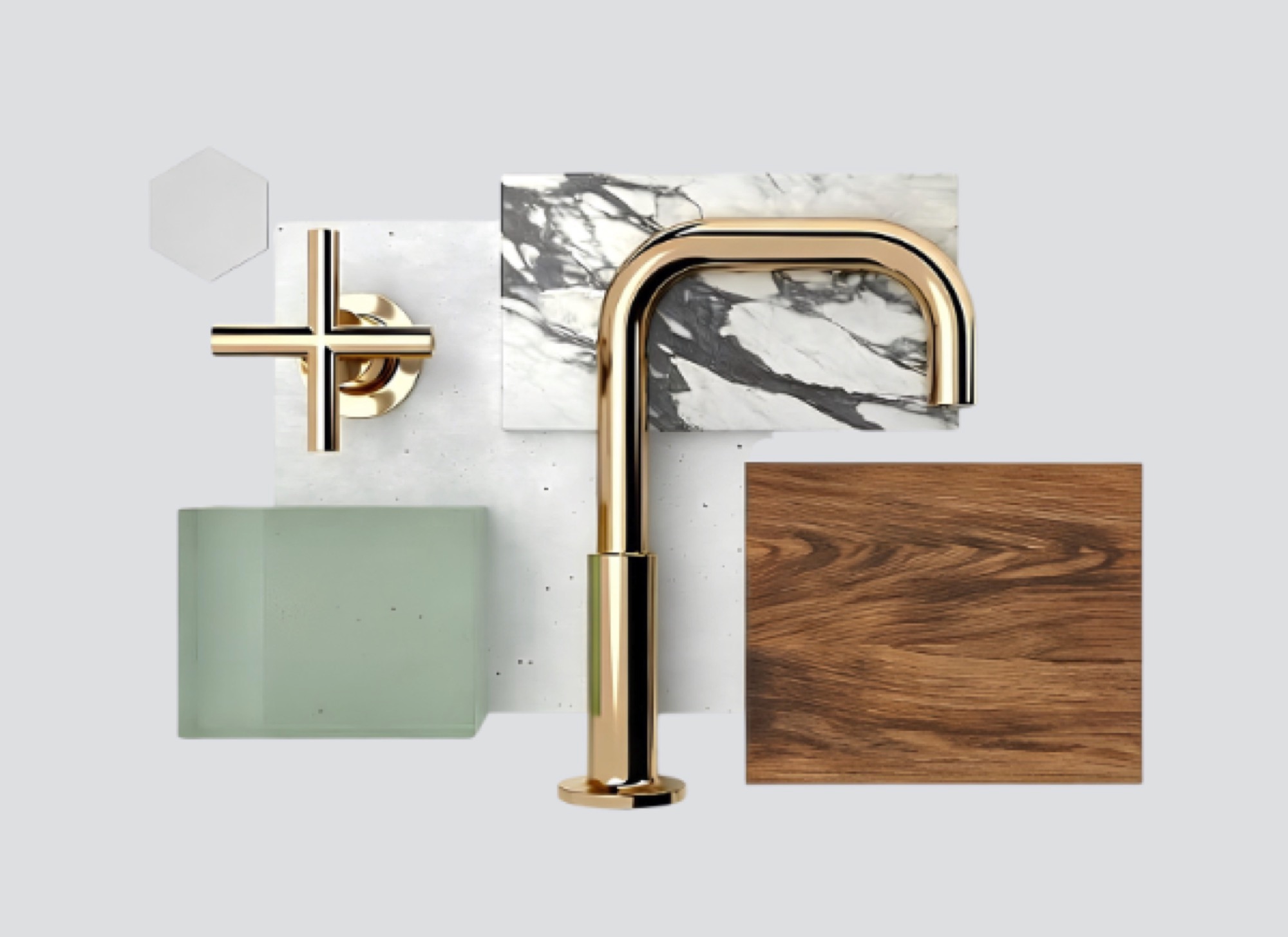 A material palette flat-lay — brass fixture, veined marble, walnut, sage glass and hexagon tile on a grey background